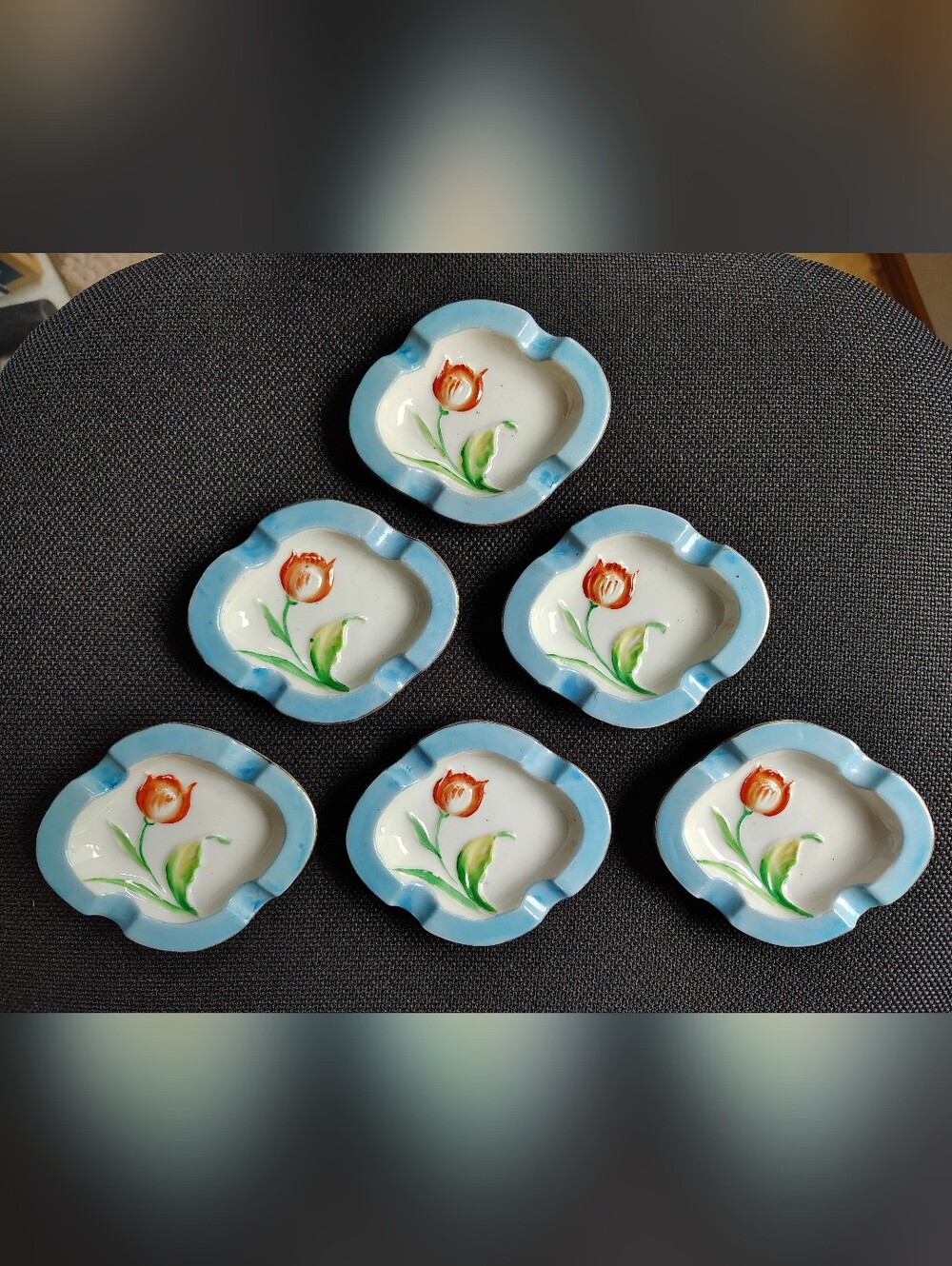 Made In Occupied Japan Hand-Painted Ceramic Ashtrays - Set of 6, With Gold Trim
